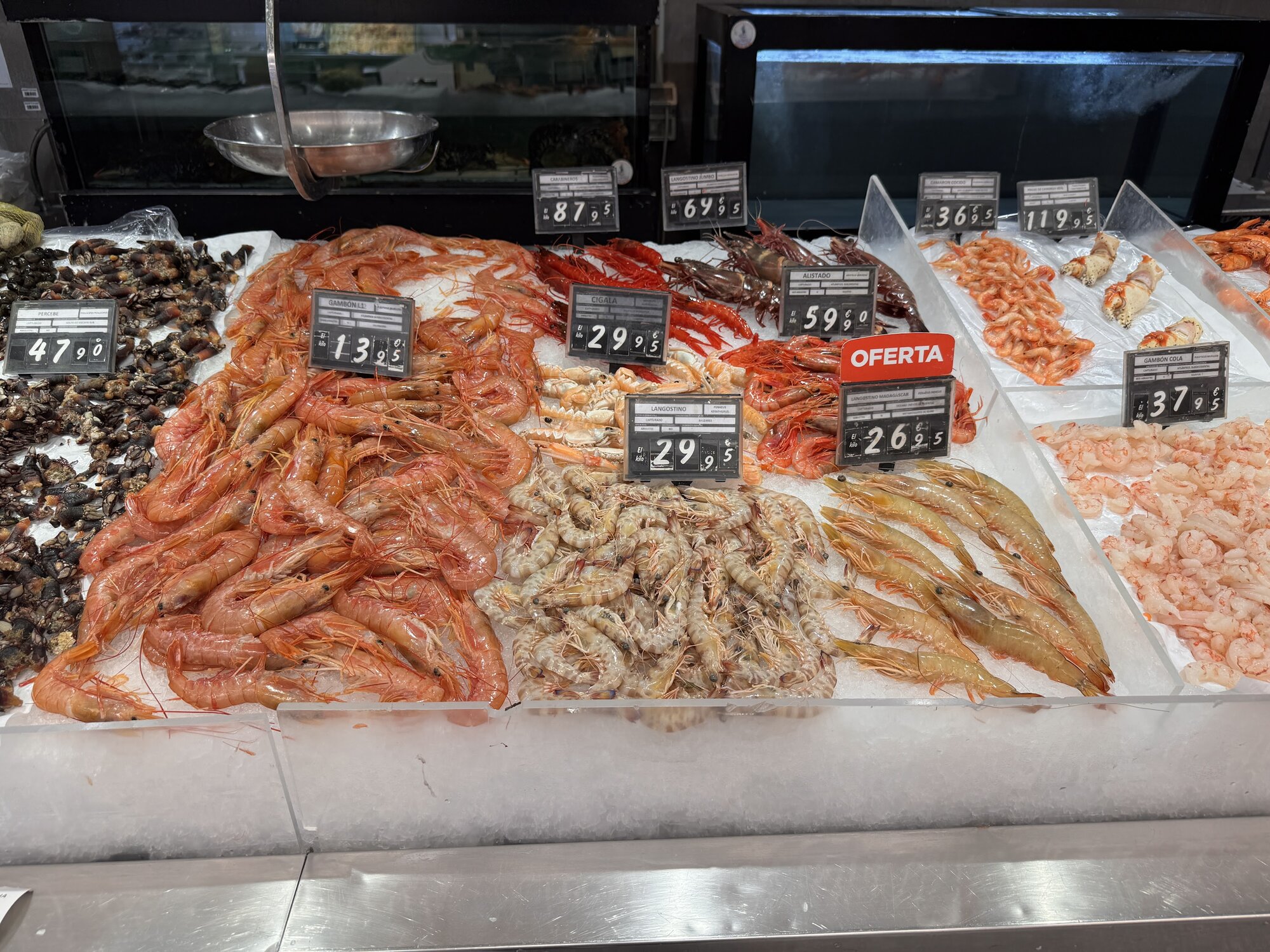 La Boqueria market seafood counter piled with rows of prawns, gambas, and langoustines with handwritten price tags