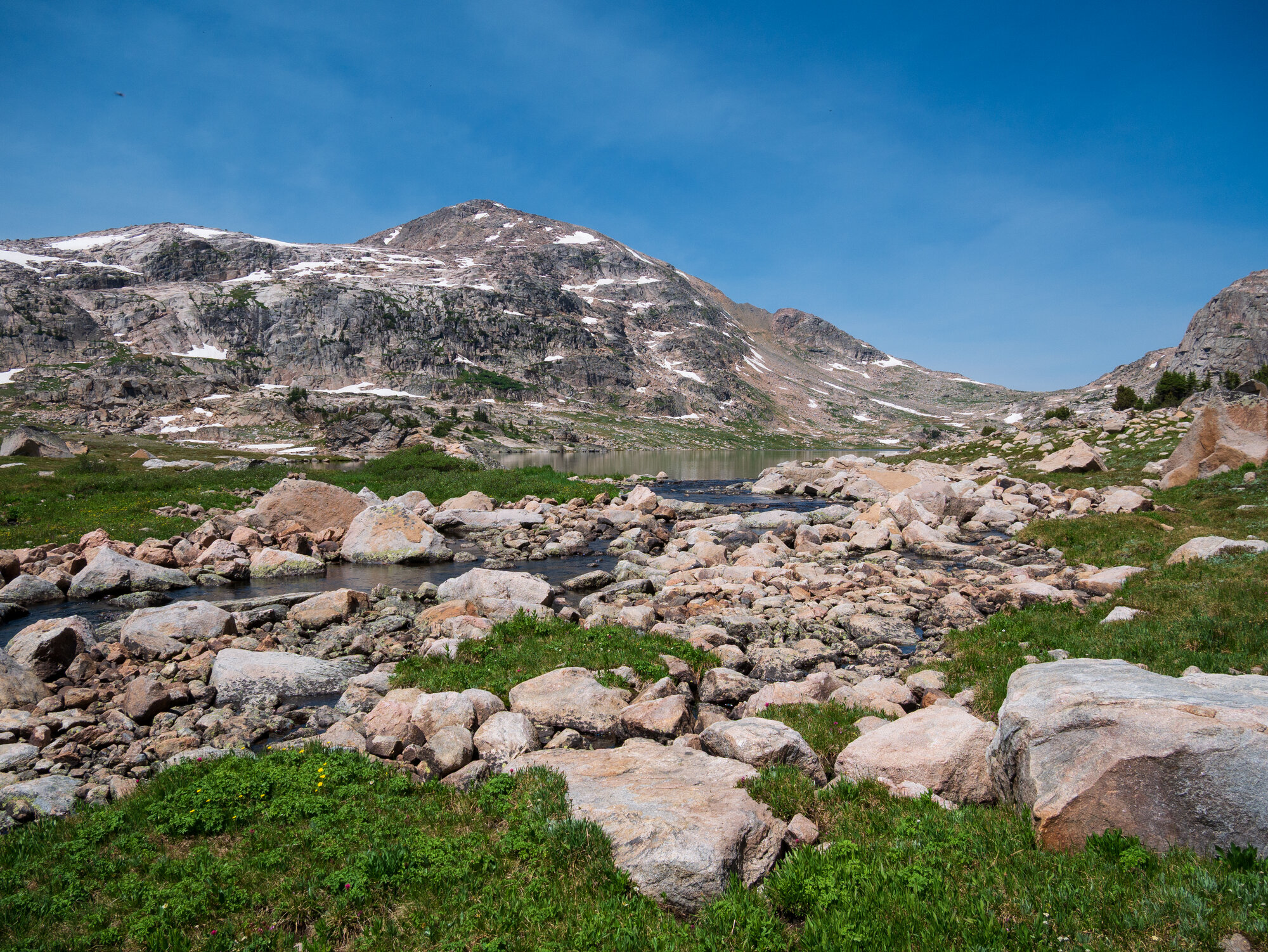 Albino Lake beneath a towering snow-streaked peak under brilliant blue sky, boulders and tundra grass in the foreground
