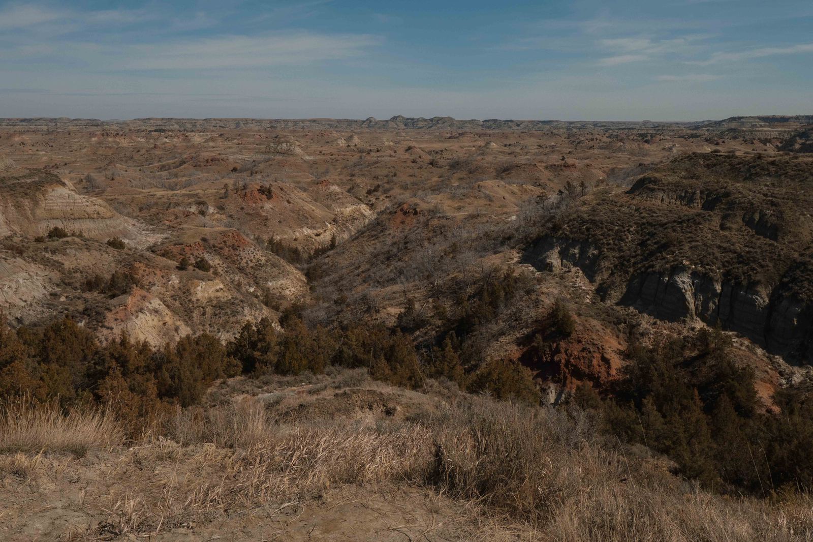 Wide view of the layered badlands formations in Theodore Roosevelt National Park, North Dakota, stretching to the horizon