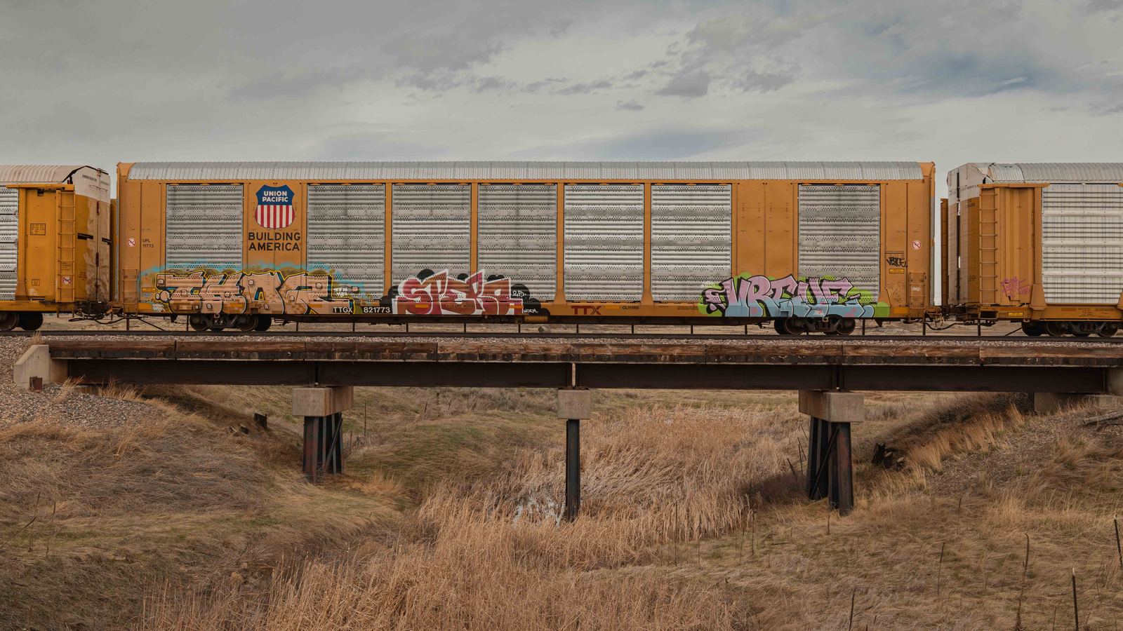 A Union Pacific 'Building America' freight car covered in colorful graffiti, crossing a concrete trestle over dry Montana grassland under an overcast sky