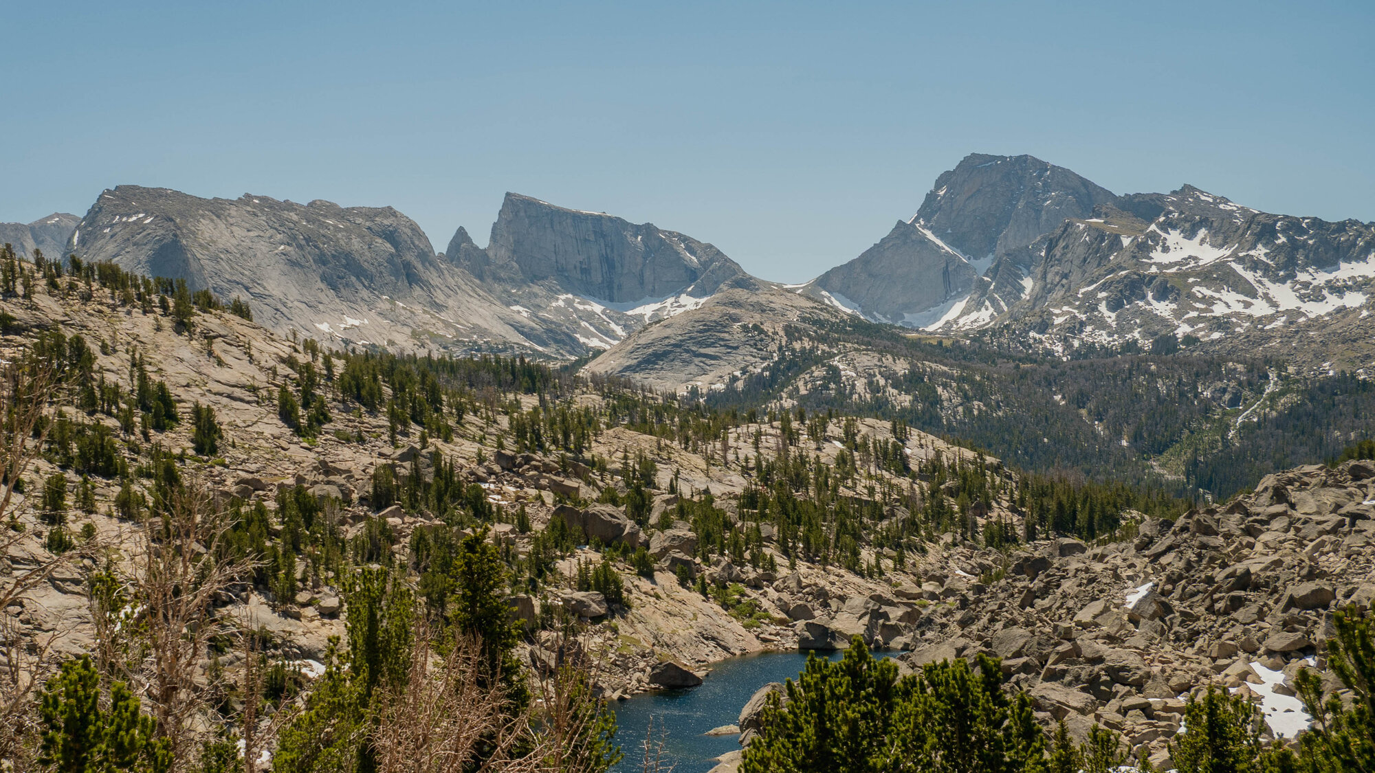 Approaching the Cirque of the Towers, granite peaks and alpine lake visible ahead