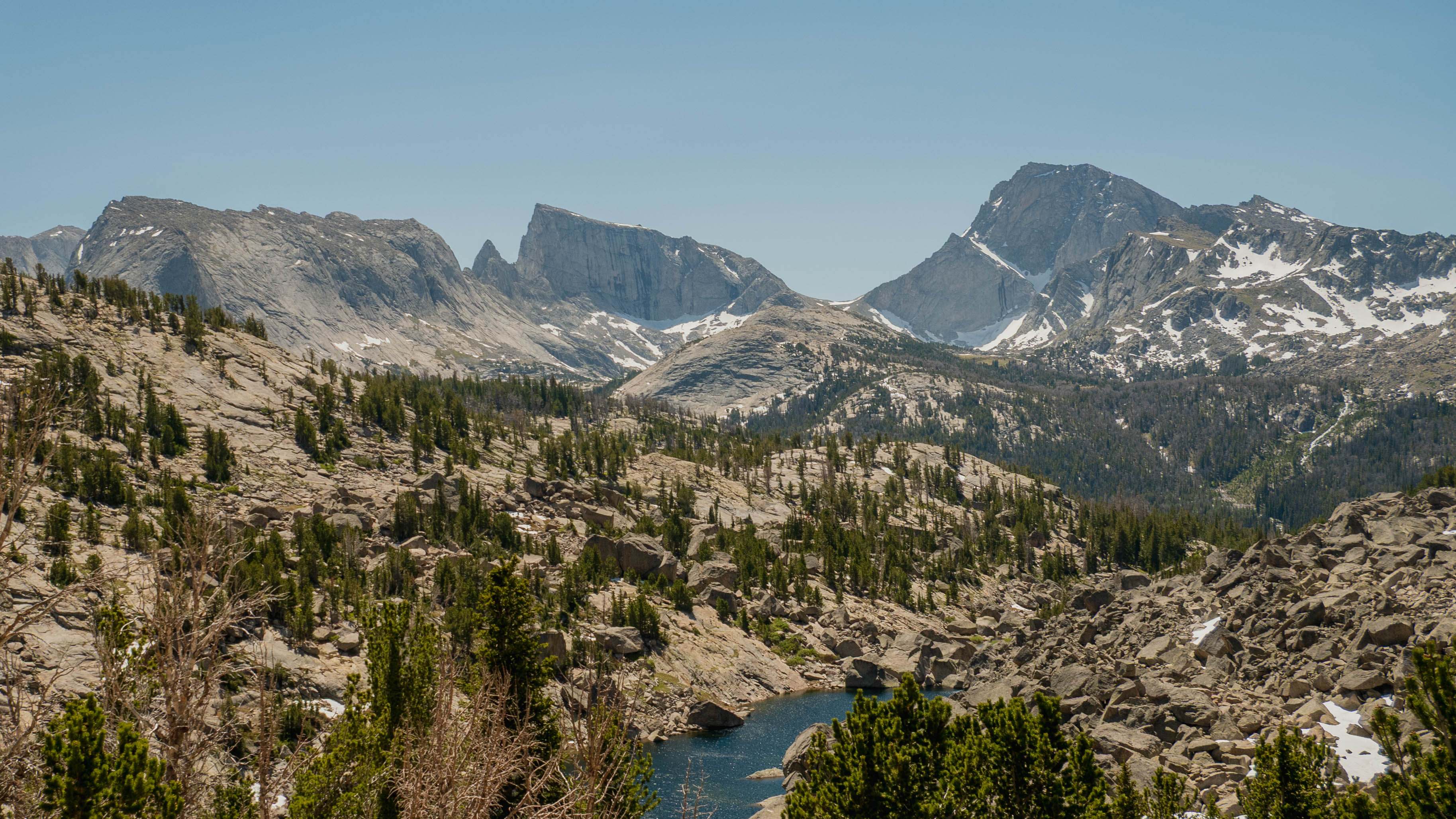 Approaching the Cirque of the Towers, granite peaks and alpine lake visible ahead